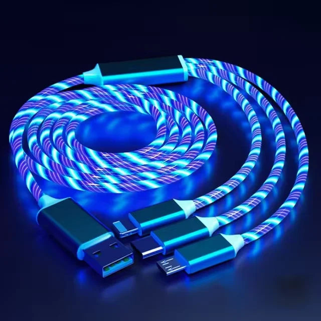 3-IN-1 Streamer Charging Cable Suitable for iPhone Android TypeC Mobile Phone One Split Three Growing LED Fast Charging Luminous