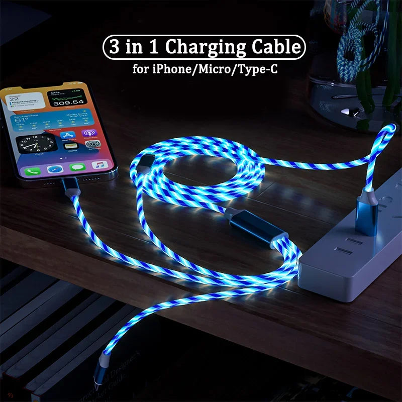 3-IN-1 Streamer Charging Cable Suitable for iPhone Android TypeC Mobile Phone One Split Three Growing LED Fast Charging Luminous