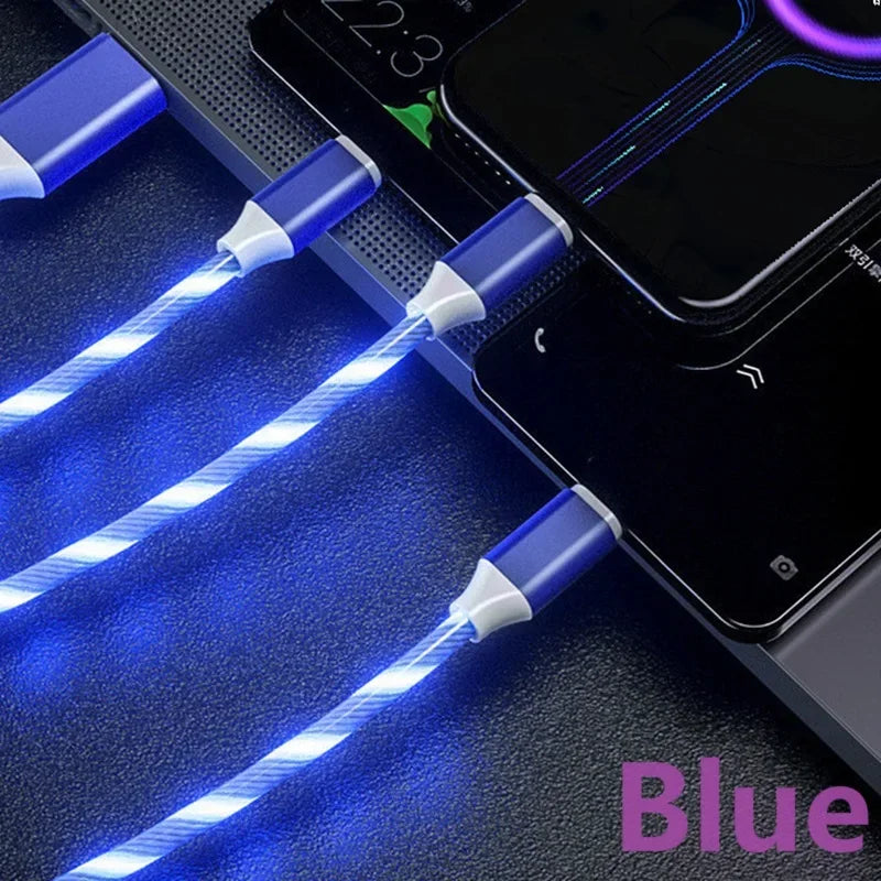 3-IN-1 Streamer Charging Cable Suitable for iPhone Android TypeC Mobile Phone One Split Three Growing LED Fast Charging Luminous