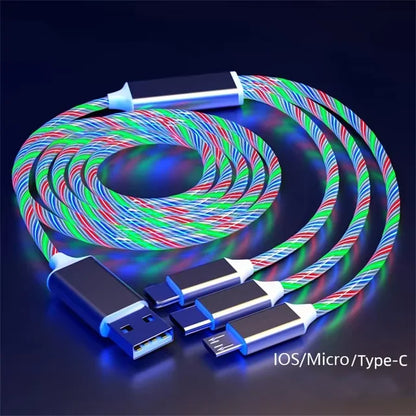 3-IN-1 Streamer Charging Cable Suitable for iPhone Android TypeC Mobile Phone One Split Three Growing LED Fast Charging Luminous