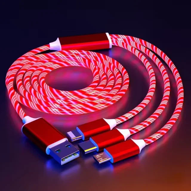 3-IN-1 Streamer Charging Cable Suitable for iPhone Android TypeC Mobile Phone One Split Three Growing LED Fast Charging Luminous