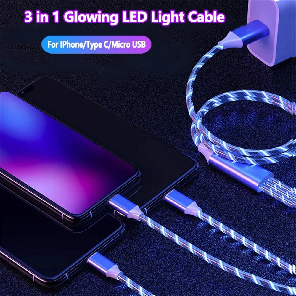 3-IN-1 Streamer Charging Cable Suitable for iPhone Android TypeC Mobile Phone One Split Three Growing LED Fast Charging Luminous